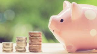 Sparschwein sitzt vor gestapelten Münzen